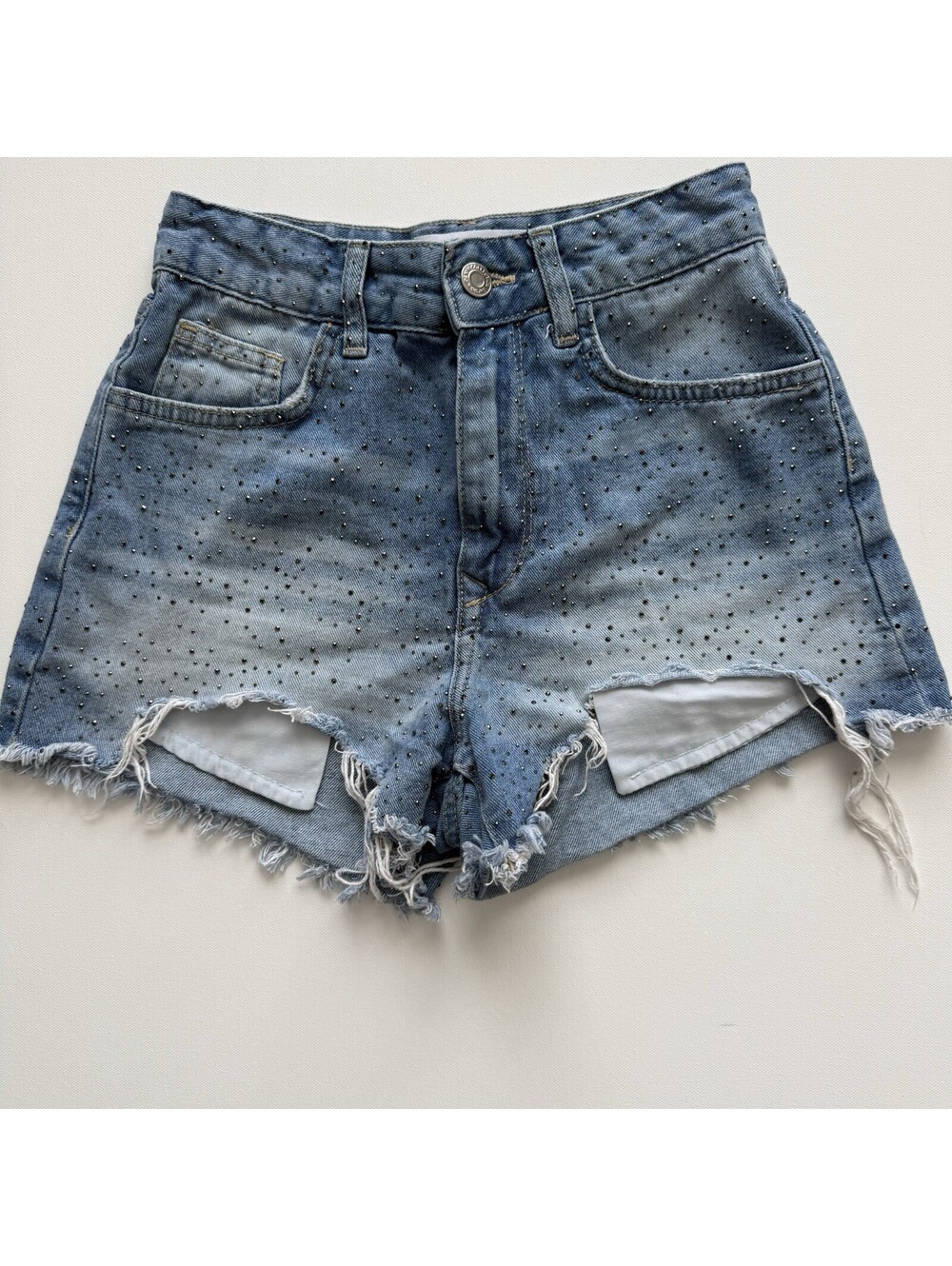 Bershka Womens 00 Rhinestone Denim Shorts High Rise Distressed Cutoff Bling
